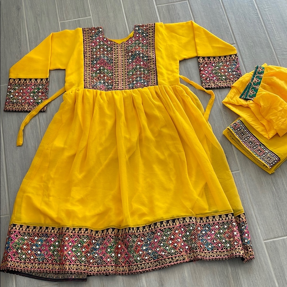 Handmade Yellow Afghan Embroidered Dress with Matching Scarf Afghanistan